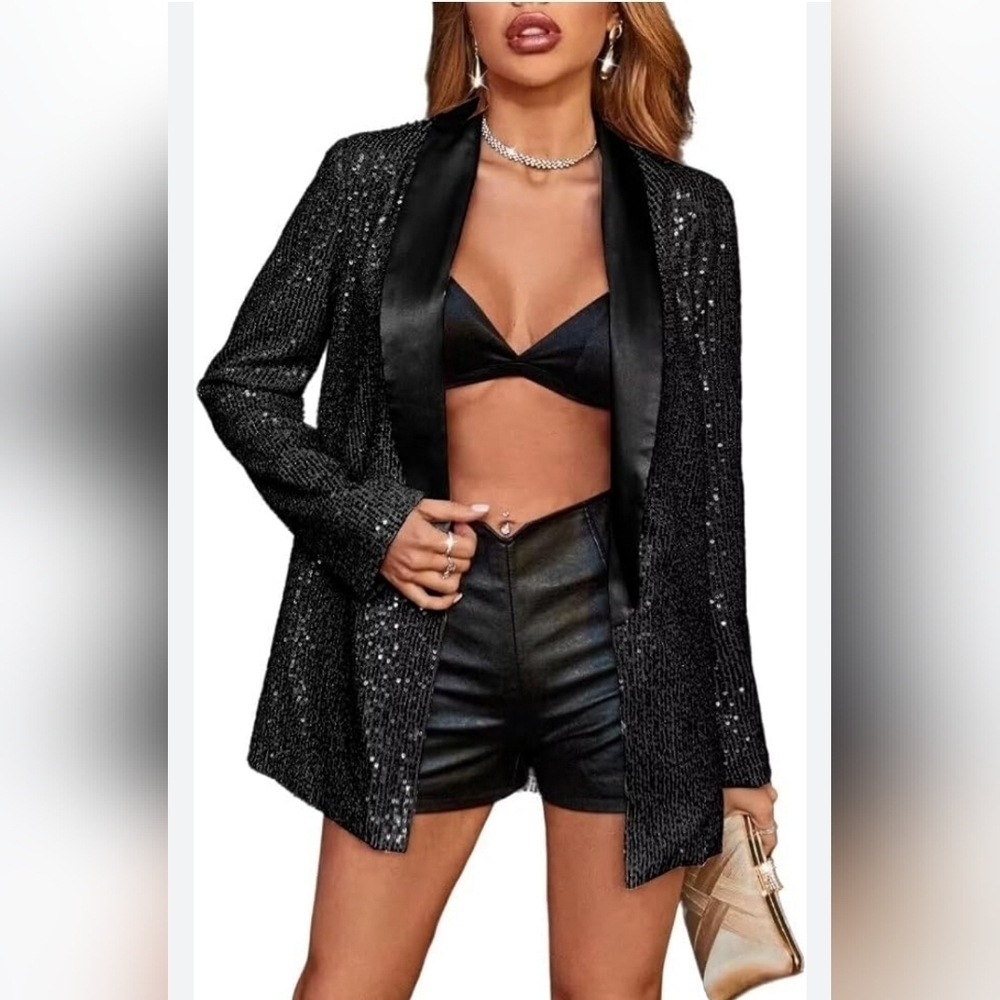 New Black Sequins Blazer with Built-in Top XL Disco Party Wedding